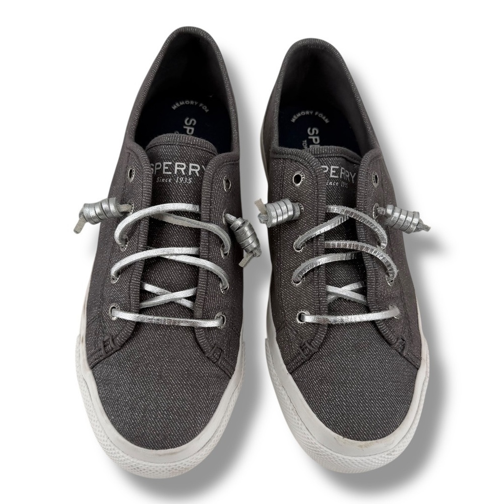 Sperry SeaCoast Sparkle Metallic Boat Sneakers 7.5 Gray Silver Casual Shoes